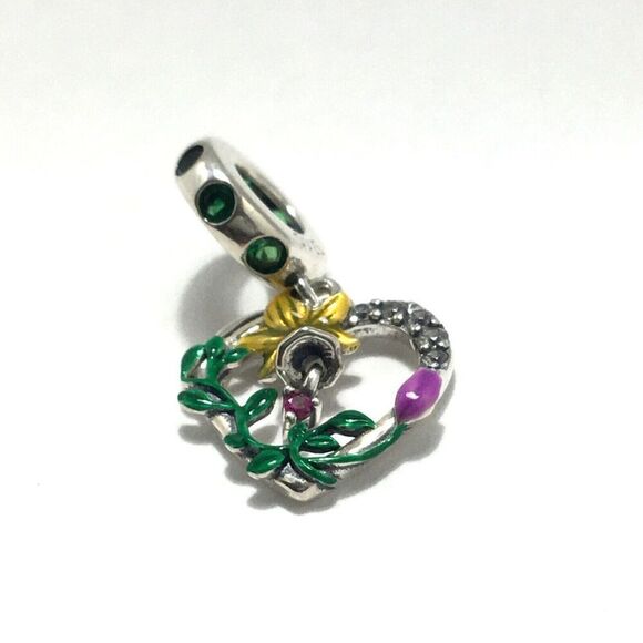Sterling Silver 925 Charm Daffodil Flower Heart CZ Green Enamel For DIY Bracelet - Picture 8 of 9